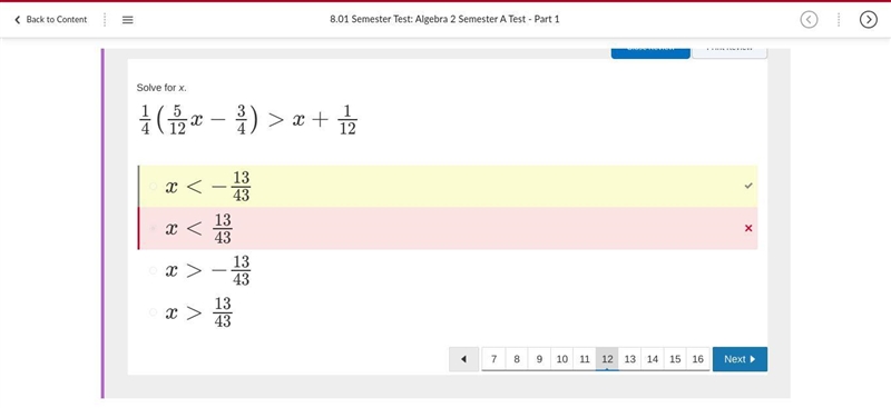 Solve for x. 1/4(5/12x-3/4)>x+1/12-example-1