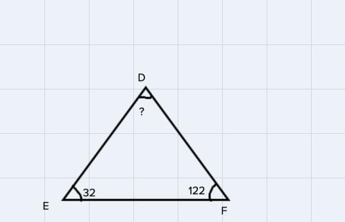 Triangle DEF is shown. Angle F is 122 and Angle E is 32. What is the measure of angle-example-1