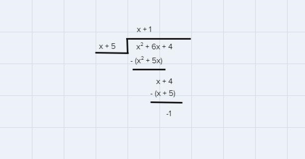 Divide using the long division method.x^2+ 6x + 4/x + 5-example-1