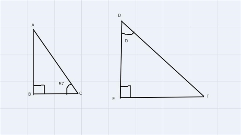 Triangle ABC is congruent to triangle DEF. Angle B is a right angle, and m∠C = 57°. What-example-1