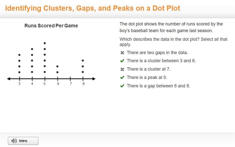 A dot plot titled Runs Scored per game going from 3 to 8. 3 has 4 dots, 4 has 5 dots-example-1