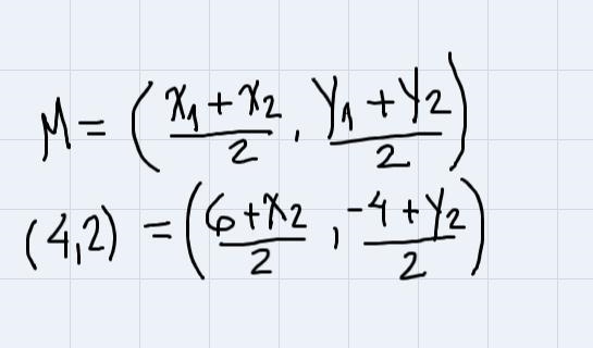 The midpoint of AB is (4,2). If coordinates of A are (6,-4), what are the coordinates-example-1