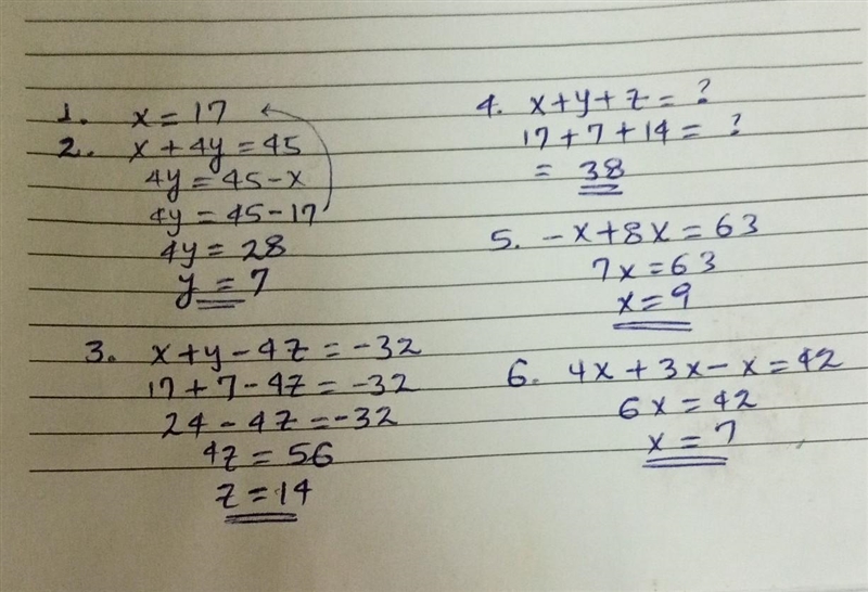 Solve these questions 1) x +2x + x = 68 2) x+y+3y= 45 3) x+y-4z= -32 4) x+y+z= ? 5) -x-example-1