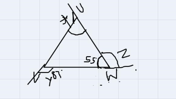 The exterior angles of triangle UVW are X, Y, and, and they are adjacent to ZU, ZV-example-1