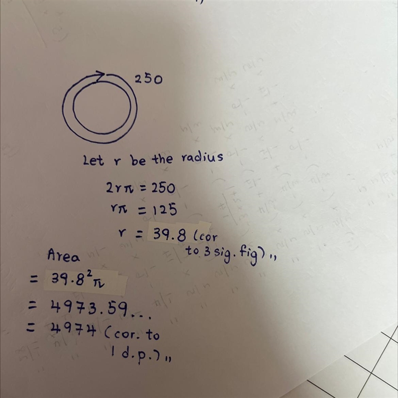 What is the area of a circle with a circumference of 250 also I lost some of my friends-example-1