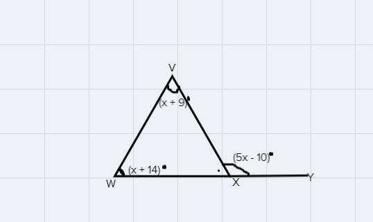 In AVWX, VX is extended through point X to point Y, mZVWX = (x + 14),mZXVW = (x +9)°, and-example-1