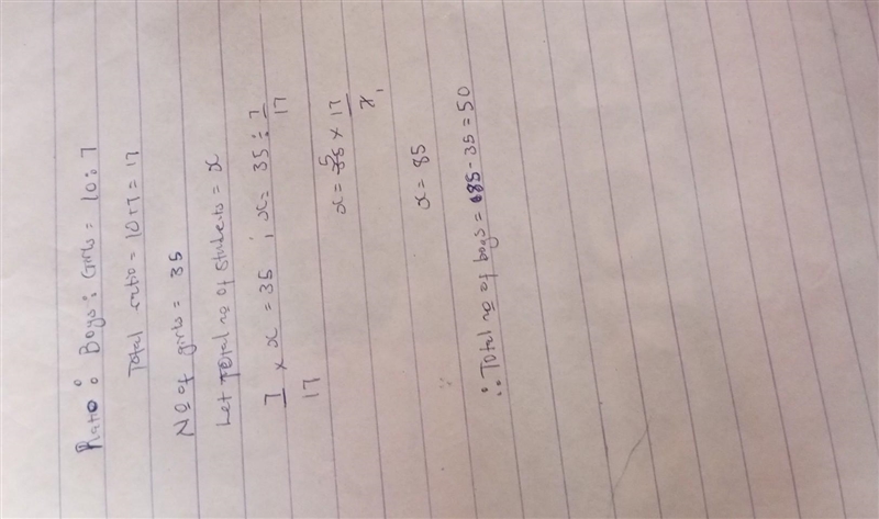 The ratio of the number of boys and girls in a class is 10:7 if there are 35 girls-example-1