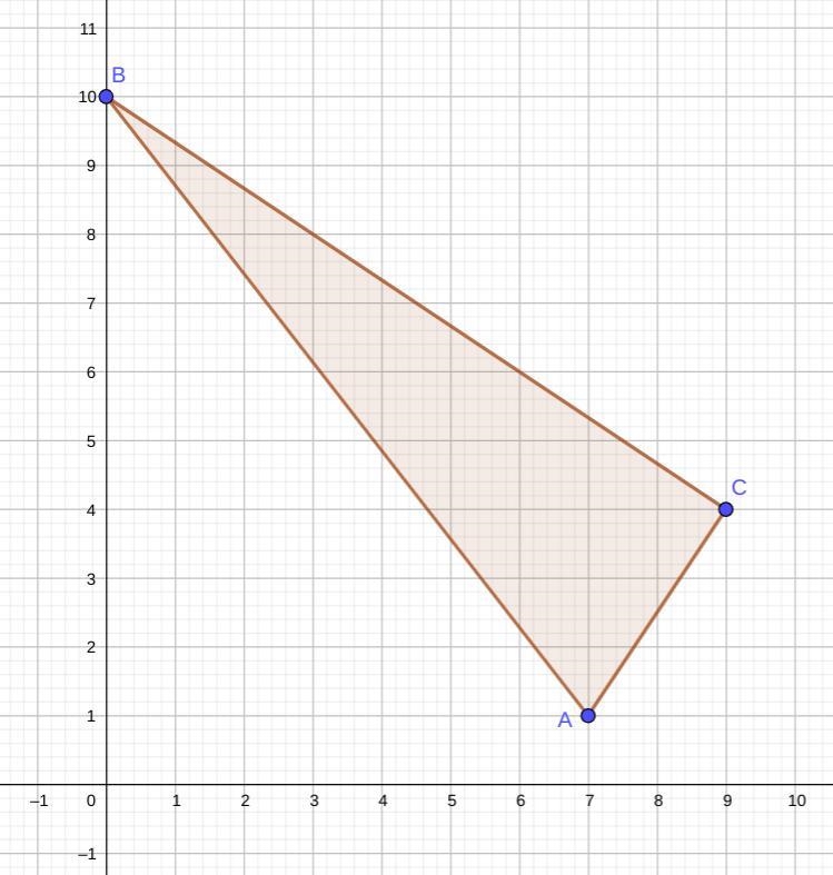 FIND THE AREA OF ATRIANGLE DEFINED BY THE COORDINATES (7, 1), (0, 10), and (9, 4). (to-example-1