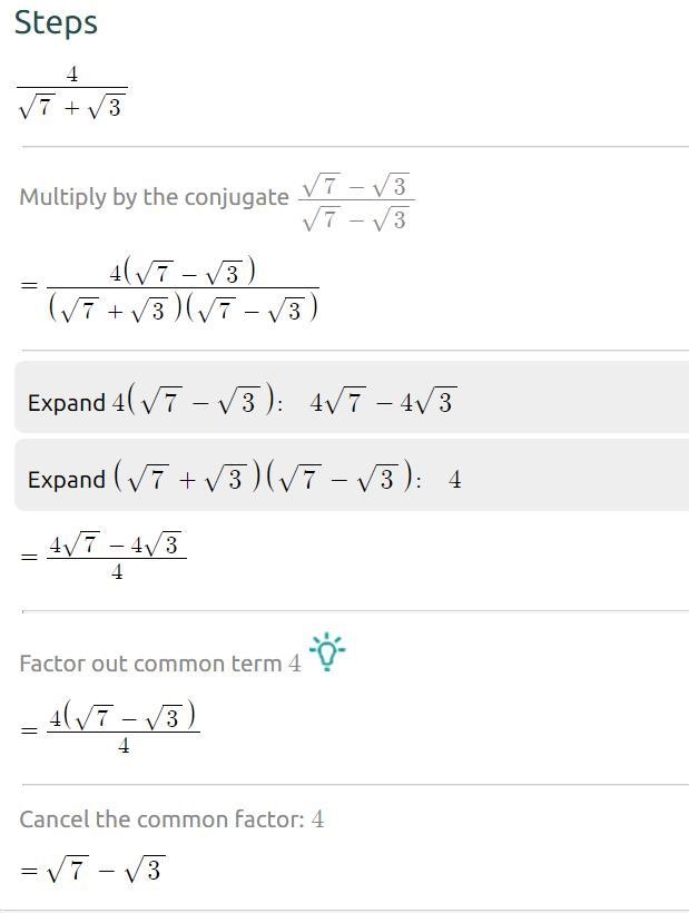 Rationalize the denominator of each of the following 4 by (root7+root3)​-example-1