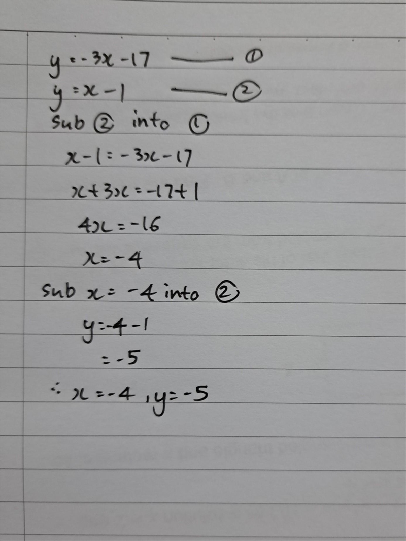 Y=-3x-17 y=x-1 solving linear equations by substitions​-example-1