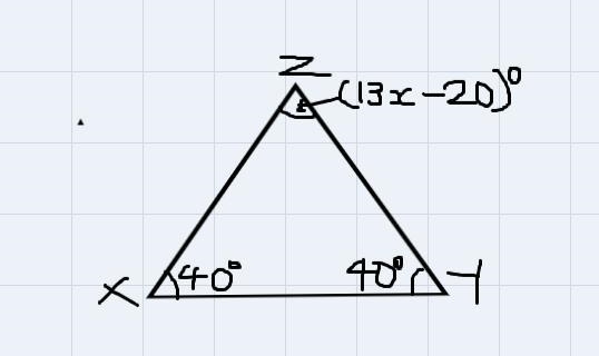 In triangle XYZ, | XZ | = | YZ | ∆YXZ = 40⁰ and ∆XZY = (13x - 20)⁰. Find the value-example-1