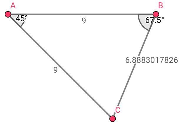 Construct an isosceles triangle ABC in which AB=AC = 9 cm and BÂC = 45°. Measure ABC-example-1