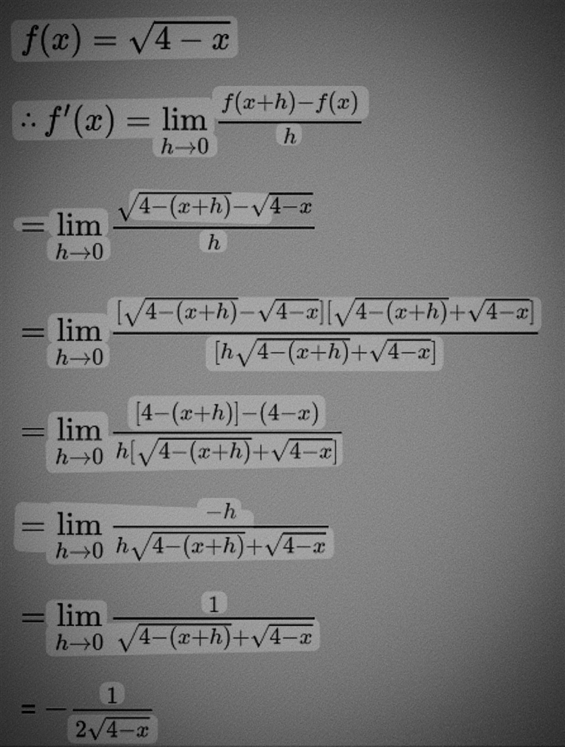 Find the first derivative of the function f(x) = √(4 - x) ​-example-1