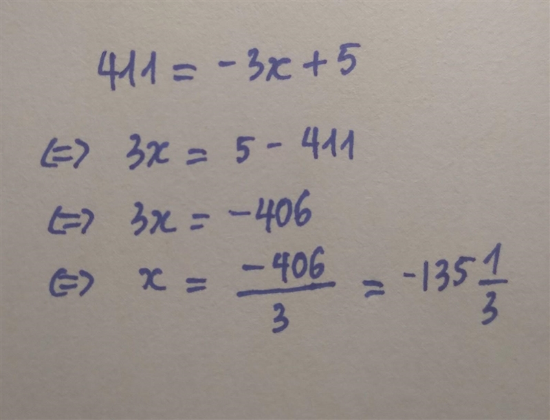 What is the value of x in this proportion? 411=−3x+5 x= −13 1/4 x= −9 1/2 x= −7 x-example-1