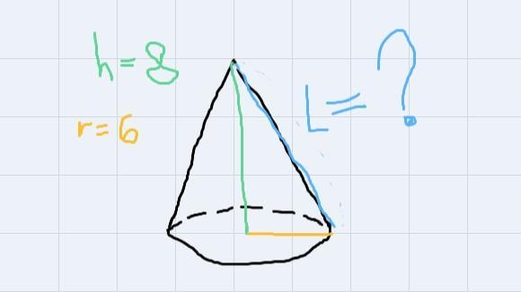 Use Pythagoras rule to find the slant height of a cone a height of 8 and base radius-example-1