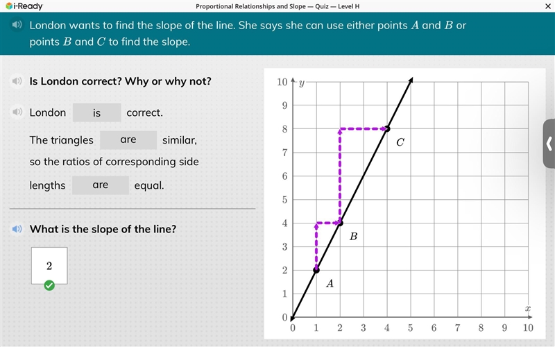 London wants to find the slope of the line. She says she can use either points A and-example-1