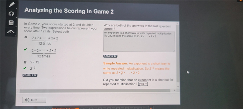 In Game 2, your score started at 2 and doubled every time. Two expressions below represent-example-1