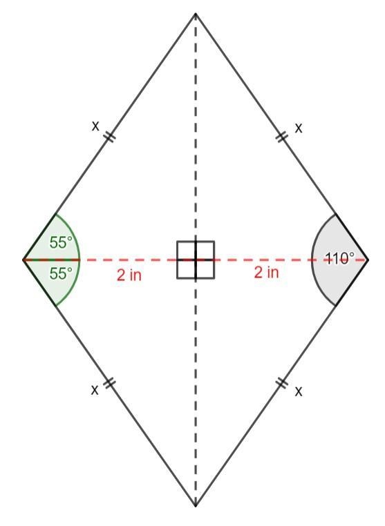 One angle of a rhombus measures 110, and the shorter diagonal is 4 inches long. How-example-1