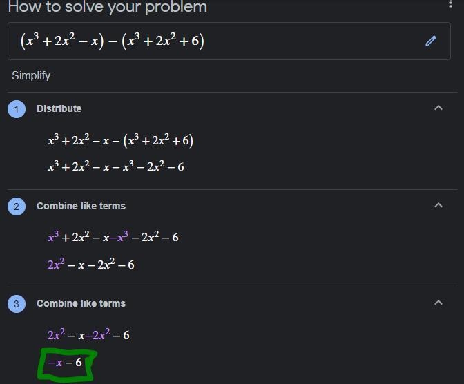 Rewrite the expression in simplest form. (x^3 + 2x^2 -x) -(x^3 + 2x^2+6)-example-1