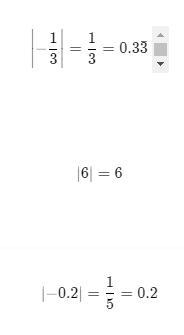 Find the absolute value of each number -1/3, 6 & -0.2-example-1