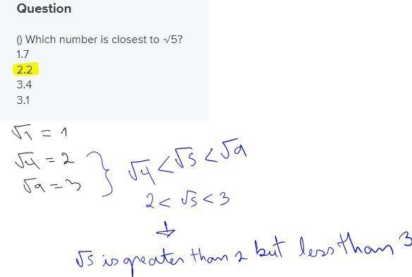 () Which number is closest to √5? 1.7 2.2 3.4 3.1-example-1