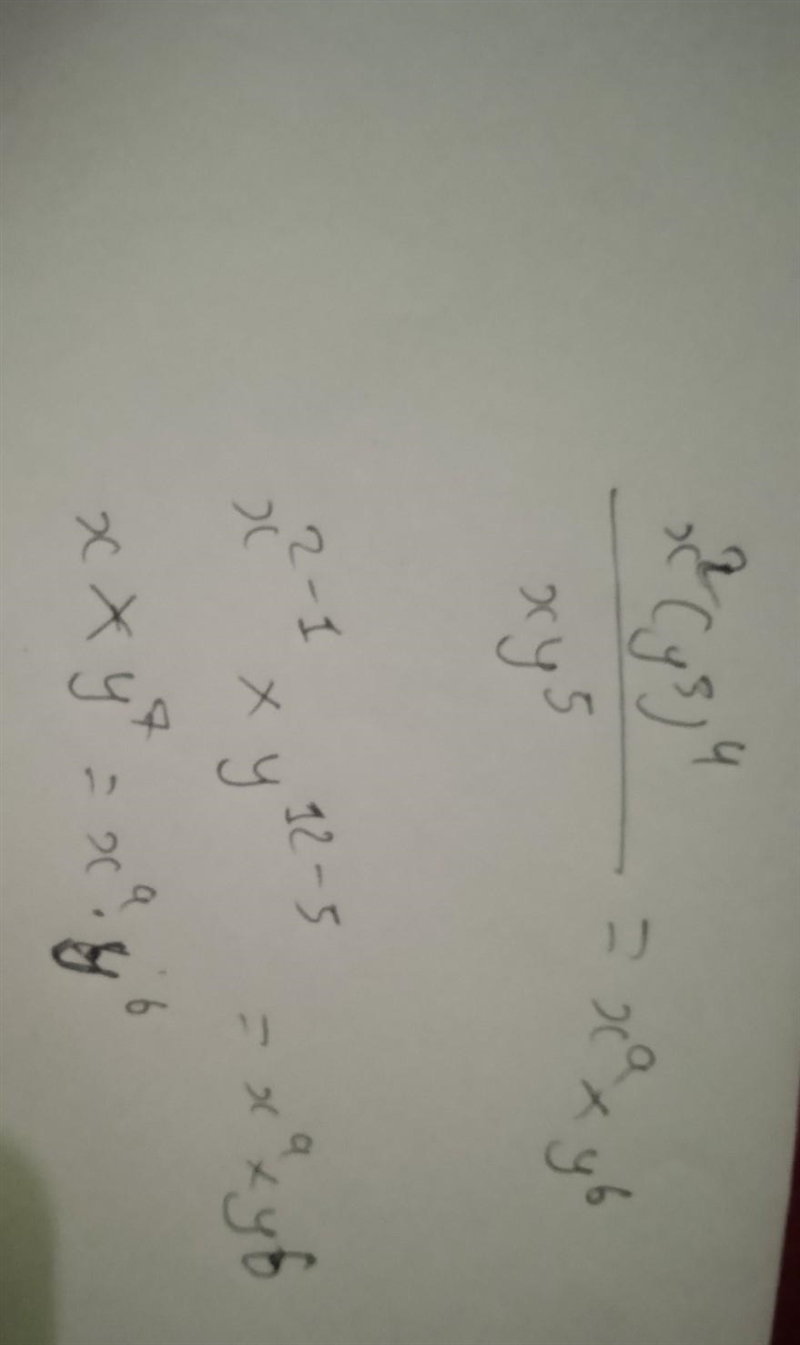 Simplify X^2(y^3)^4/xy^5= x^a•y^b A= B=-example-1