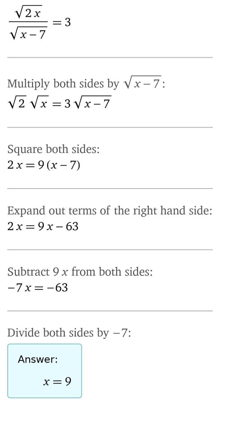 What is the solution to the equation below? √2x/√x-7=3 A.x=9 B.x=8 C.x=10 D.x=11-example-1