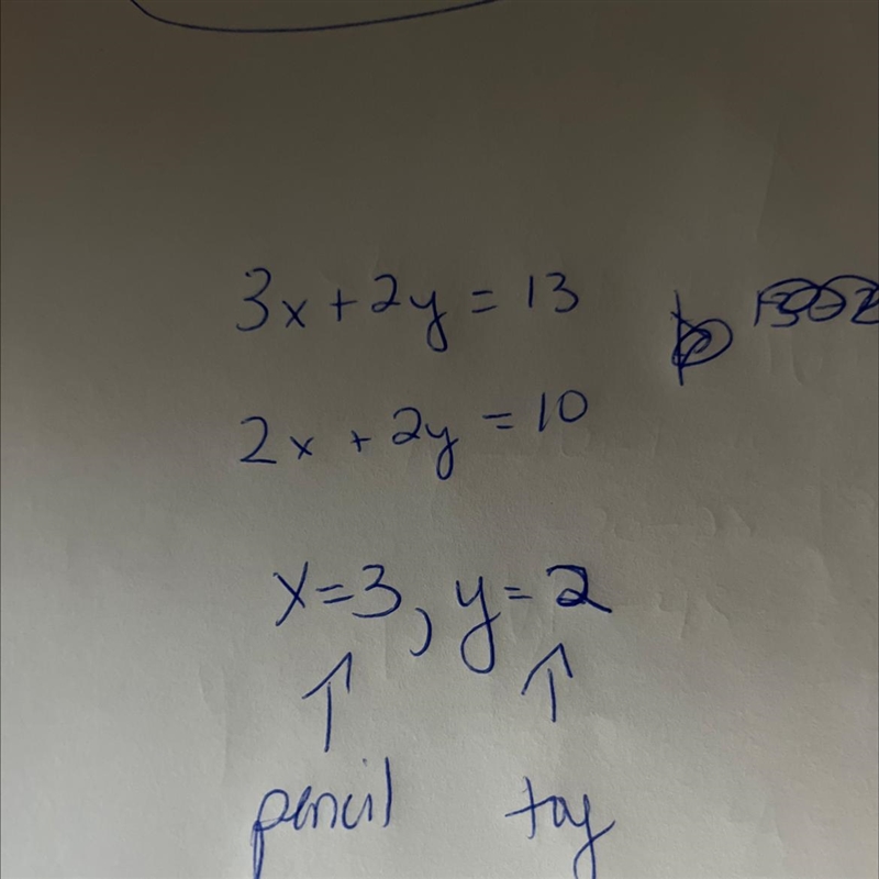 The cost of 3 pencils and 2 toys is $13 and the cost of 2 pencils and 2 toys is $10. Find-example-1