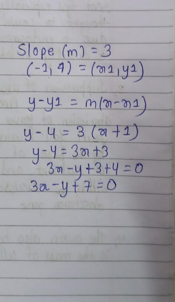 The slope of a line is 3 and it passes through point (-1,4). What is the equation-example-1