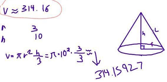 A cone has a radius of 10 and a height of 3. What is the volume of the cone?-example-1