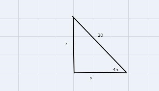 2. Find the values of x and y. Leave answers in simplest radical form.20X45Уy =-example-1