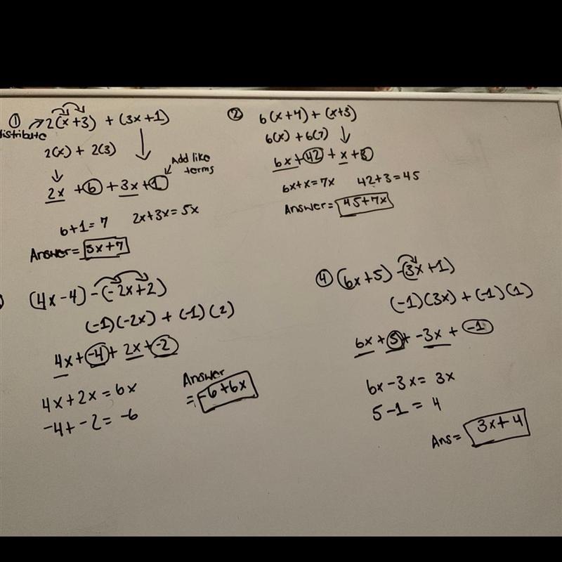 6.) Find 2(x + 3) + (3x + 1). 7.) Find 6(x + 7) + (x + 3). 8.) Find (4x-4)-(-2x + 2). 9.) Find-example-1