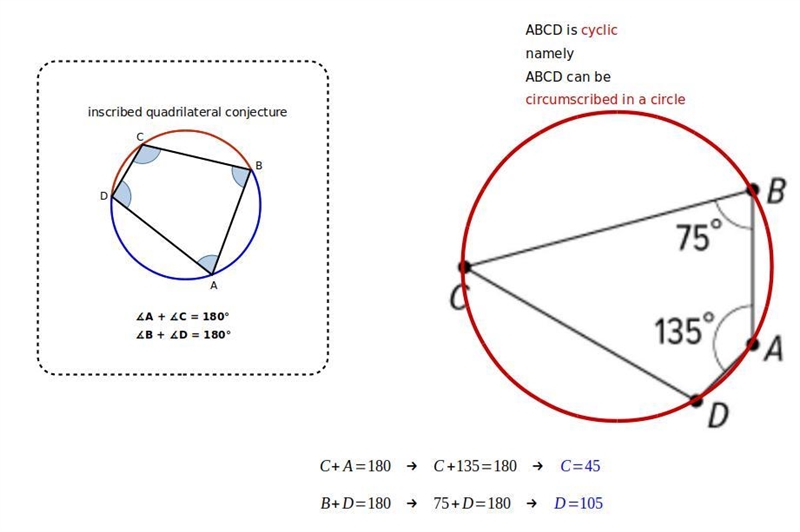 Quadrilateral ABCD is cyclic. Identify what the missing angle measures must be.-example-1