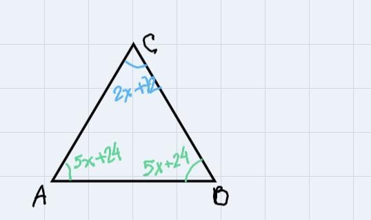 Suppose that ABC is isosceles with base BA.Suppose also that mZ B=(5x+24)° and mC-example-1