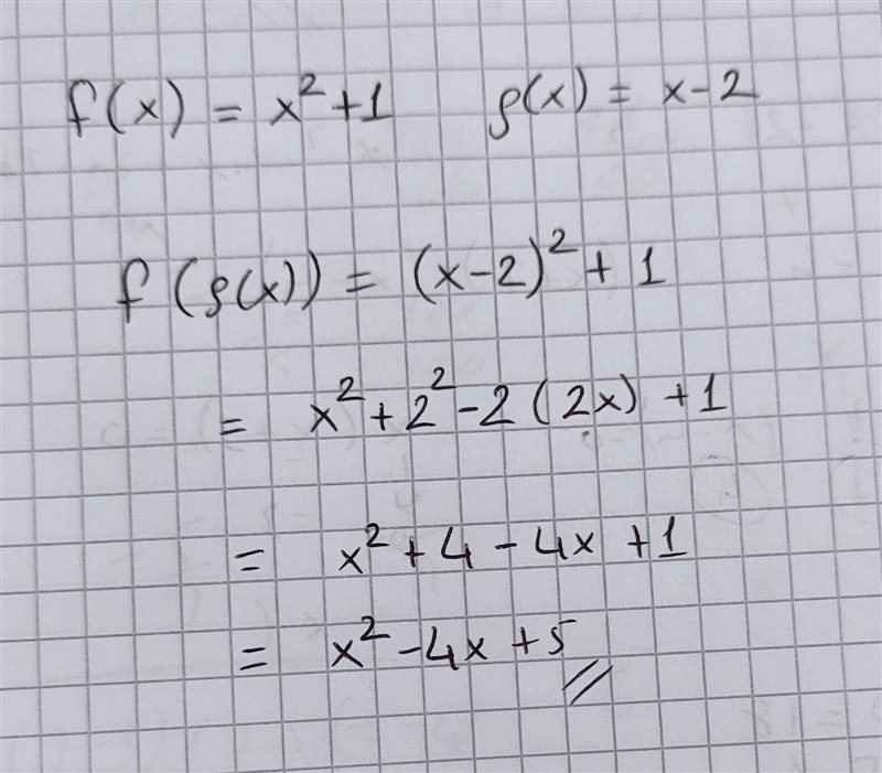 If f(x) = x^2 +1, and g(x) = x - 2, find [fºg)(x). PLEASE HELP-example-1