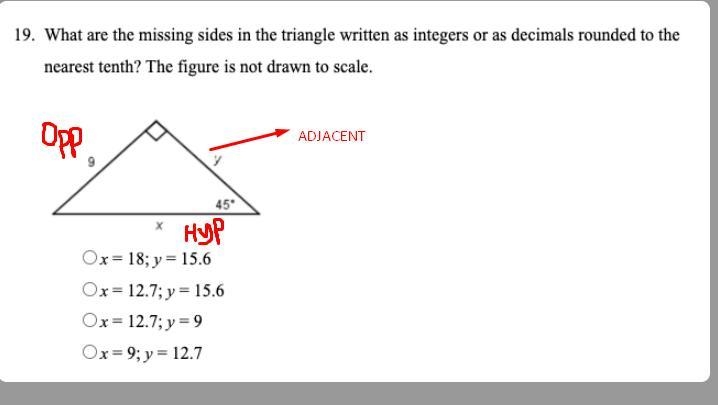 What are the missing sides in the triangle written as integers or as decimals rounded-example-1