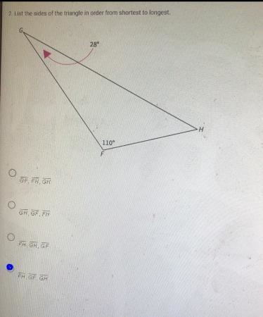 List the sides of the triangle in order from shortest ti longest-example-1