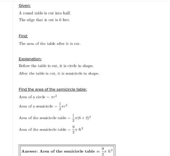 Х Area and circumference of circles challenge A table with a round top is cut in half-example-1