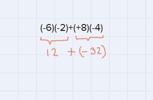 How to I get the answer? (-6)(-2)+(+8)(-4)=-example-1