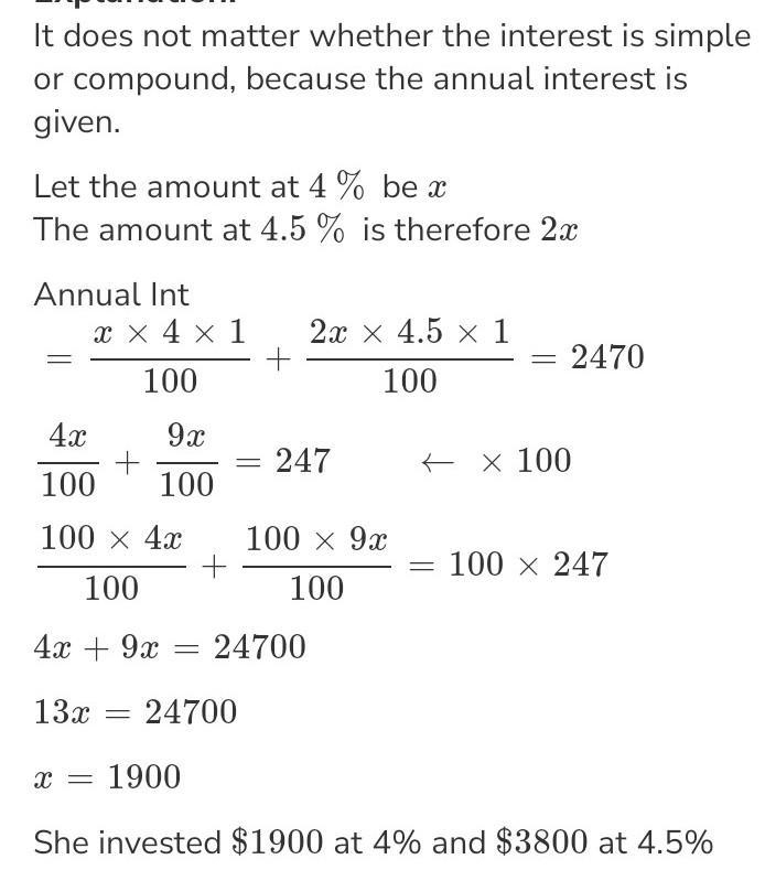 In planning her retirement liza deposit some money at 4% interest with twice as much-example-1