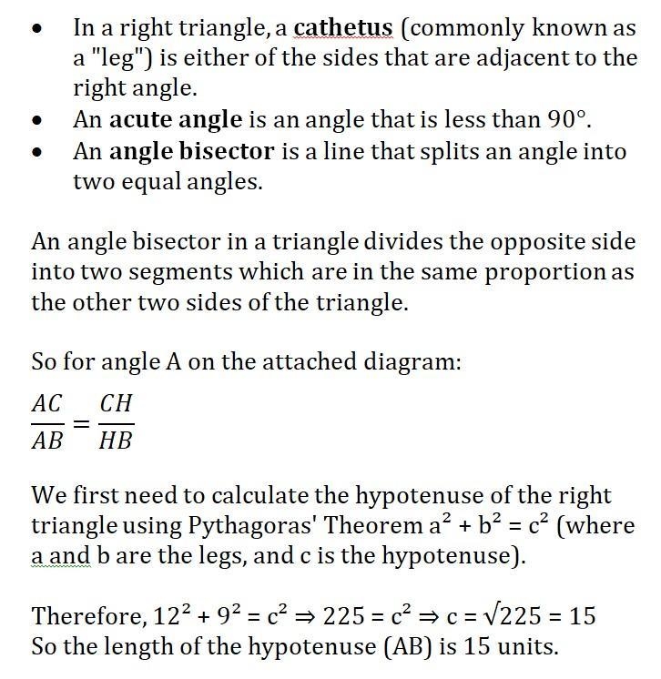 The catheters of the right triangle are 12 cm and 9 cm. Find the bisectors of the-example-2