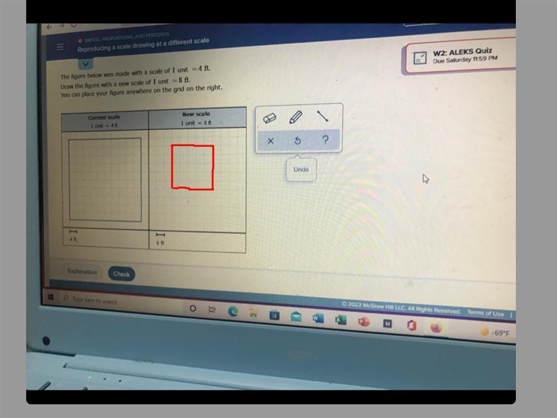 The figure below was made with a scale of 1 unit=4ft. Draw the figure with new scale-example-1