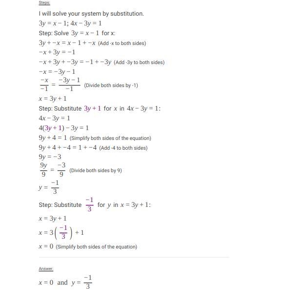 4x-3y=1 and 3y=x-1 use substitution and give an ordered pair-example-1