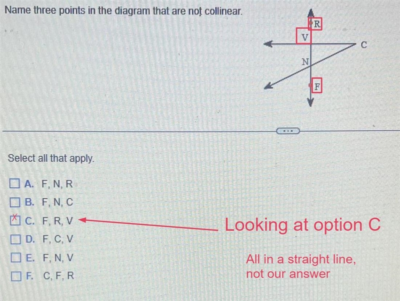 Name three points in the diagram that are not collinear. Select all that apply. A-example-3