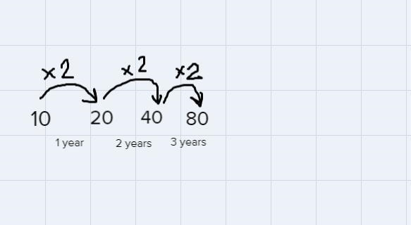 A rabbit population starts with 10 rabbits and doubbles each year for three years-example-1