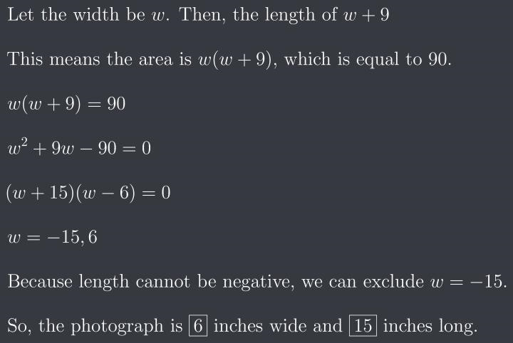 The length of a rectangular photograph is 9 in more than the width. If the area is-example-1