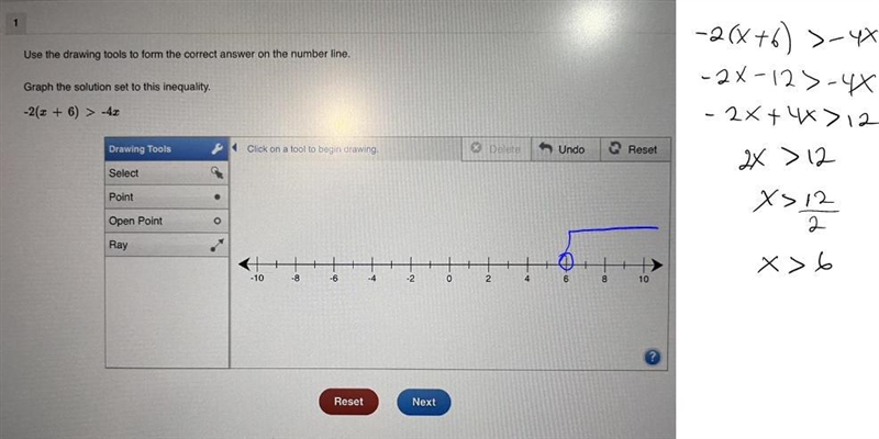 Graph the solution set to this inequality. -2(x + 6) > -4x-example-1