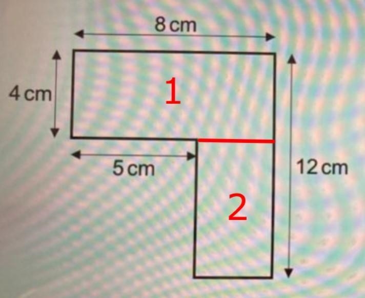 The shape below is made of two rectangles joined together. 8 cm 4 cm 5 cm 12 cm T-example-1