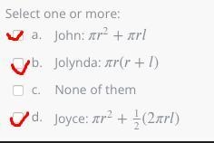 Joyce, John and Jolynda were discussing their formulas for the total surface area-example-1