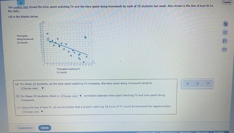 The scatter plot shows the time spent watching tv and the spent doing homework-example-1